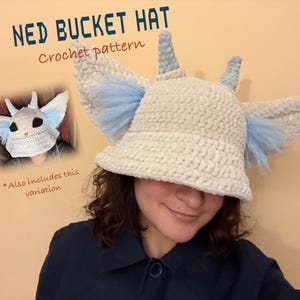 May include: A cream-colored crochet bucket hat with blue accents, featuring horns and wings. The text "NED BUCKET HAT Crochet pattern" is displayed above the hat. A smaller image shows a variation of the hat.