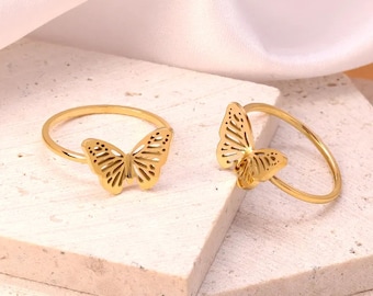 Butterfly Ring, Waterproof 18K Gold Plated Ring Women's Gold Ring Gifts for Her Tarnish Free Cute Boho Ring