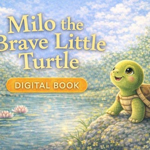 Op de afbeelding: Digitale illustratie van een glimlachende groene schildpad met een bruin schild, naast een vijver. De tekst "Milo the Brave Little Turtle" en "DIGITAL BOOK" staat op een gouden banner.