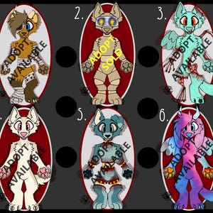 May include: Six cartoon-style furry characters, each within a red-bordered oval, against a dark gray background. The characters have various colors and designs, with text that reads "ADOPT AVAILABLE" or "ADOPT SOLD".
