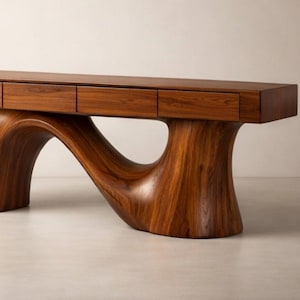 Organische moderne massief notenhouten consoletafel Sculpturaal met de hand gesneden halbureau met lades