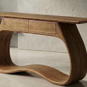 Consolle scultorea in legno massello, scrivania moderna e organica per l'ingresso con cassetti, Japandi Furniture