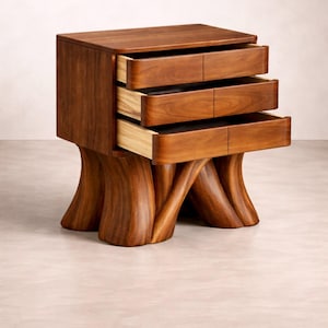 Mesita de noche moderna orgánica de nogal macizo - Mesa de noche escultural de madera tallada a mano con cajones