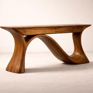 Consolle scultorea in noce massello, scrivania moderna curva per ingresso con cassetti, mobile artistico realizzato a mano.