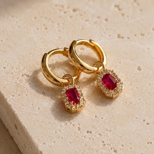 Sterling Silver Ruby Baguette Huggie Hoop Earrings, Dainty Gemstone Drop Jewelry