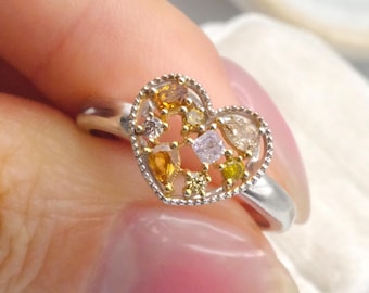 Vintage Style Heart Diamond Cluster Ring | Natural Yellow, Pink, Brown Diamonds | 18K White Gold