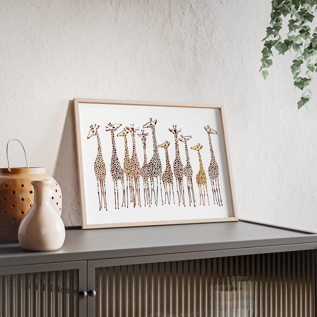 Row of Watercolor Giraffes Poster With Wooden Frame | Nursery Wall Art ...