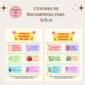 Könnte beinhalten: Druckbare PDF-Belohnungsgutscheine für Kinder. Die Gutscheine bieten Belohnungen wie zusätzliche Spielzeit, die Wahl eines Desserts oder einen Familien-Spielabend. Das Design zeigt farbenfrohe Illustrationen und Text auf Spanisch.