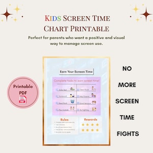 May include: A printable PDF screen time chart with the text "KIDS SCREEN TIME CHART PRINTABLE". The chart includes tasks, rules, and rewards. The design is in shades of pink, purple, and white.