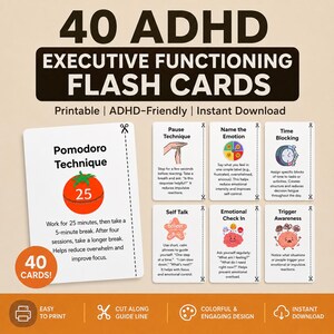 Puede incluir: Un conjunto de 40 tarjetas didácticas de funciones ejecutivas para TDAH con diseños imprimibles y de descarga instantánea. Las tarjetas incluyen texto e ilustraciones para técnicas como Pomodoro, Técnica de pausa, Nombrar la emoción, Bloqueo de tiempo, Autohabla, Chequeo emocional y Conciencia de disparadores.