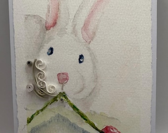 Rabbit and Radish Card Original Watercolor and Quilled Paper Artwork on Handmade Paper