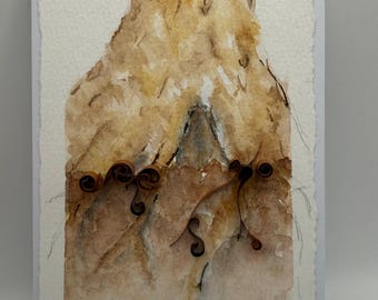 Carte de racines d'arbre aquarelle originale et oeuvre d'art sur papier piquant sur papier fait main