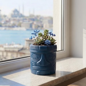Pode incluir: Um vaso de cerâmica azul com um design de rosto esculpido, preenchido com suculentas e flores azuis. O vaso está sobre uma janela com vista para a cidade e a água ao fundo. O vaso tem aproximadamente 15 cm de altura.