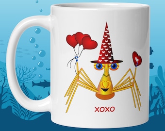 Linda taza del día de San Valentín, cangrejo de dibujos animados, taza de café romántica, caprichosa, inspiradora, corazones rojos, humorística, personaje de dibujos animados, cómico, divertido