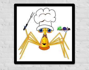 Lindo cartel del chef, cangrejo, cangrejo de dibujos animados, arte de la pared, niños de la guardería, niño pequeño, sala de juegos, caprichoso, humorístico, personaje de dibujos animados, cocinero, panadero