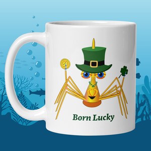 Cute St. Patrick's Day Mug, Cartoon Crab, Irish, Mystical Coffee Cup, Saint Patrick, Whimsical, humorous,  character, comical, born lucky