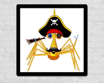 Lindo cartel pirata, cangrejo, cangrejo de dibujos animados, arte de la pared, niños de la guardería, niño pequeño, sala de juegos, caprichoso, humorístico, personaje, espadachín, aventurero