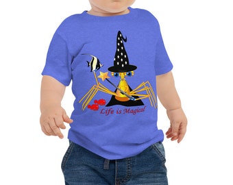 Linda camiseta de mago, camiseta de bebé infantil, cangrejo de dibujos animados, regalo de ducha, caprichoso, mágico, humorístico, personaje de dibujos animados, cómico, místico