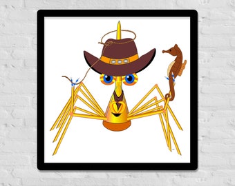 Lindo cartel de vaquero, cangrejo, cangrejo de dibujos animados, arte de la pared, niños de la guardería, sala de juegos, hijo, hija, caprichoso, personaje, impresión, motivo occidental, decoración