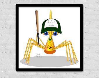 Lindo cartel de cangrejo de béisbol, cangrejo de dibujos animados, arte de la pared, niños de guardería, niño pequeño, sala de juegos, personaje caprichoso y humorístico practicando deportes