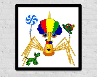 Lindo cartel de payaso, cangrejo, cangrejo de dibujos animados, arte de la pared, niños de la guardería, niño pequeño, sala de juegos, caprichoso, humorístico, personaje, circo, bebé, niño