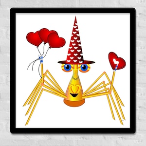 Pôster fofo de dia dos namorados, caranguejo, caranguejo de desenho animado, arte de parede, berçário infantil, sala de jogos, caprichoso, mágico, humorístico, personagem, romântico, corações, l