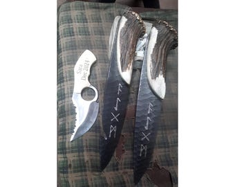 Hand Forged Hunting Knife Set – Hammered Steel Blades – Antler Handle – 12” Overall Length Custom Handmade Knives