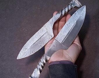 11 Inches Handmade Damascus Steel Railroad Spikes Set | Damascus Blade Set with Black Leather Sheath | Custom Gift for Men