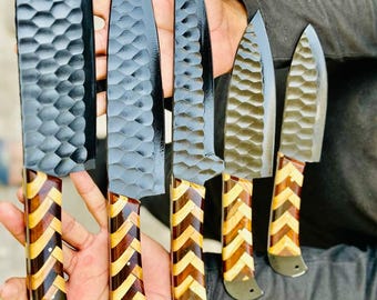5 PCS Professional Kitchen Knife Set – Hammered Chef Knife Set – Cleaver Santoku Utility Paring Knife – Gift for her