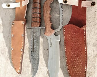 Custom Handmade D2 Damascus Steel Knife Set – Outdoor Utility Knives, Leather Sheaths