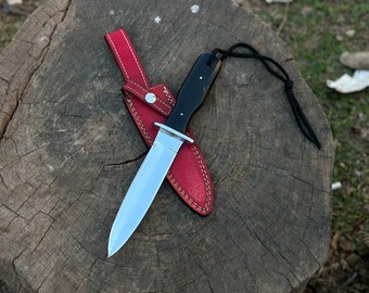 11 Inch Custom Handmade Blade with Red Leather Sheath | Full Tang | Bull Horn Handle|  Gift for Him