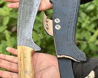 12" Handmade Kukri Knife – Damascus Pattern Blade with Wood Handle – Fixed Blade Hunting Knife – Outdoor Camping Bushcraft Knife