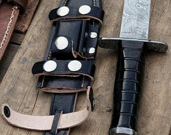 Custom Handmade Damascus Knife with Leather Sheath- Damascus or D2 Steel Knife – Bull Horn or Resin Handle Outdoor Camping Bushcraft Knife