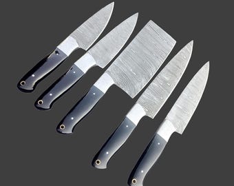 5 Piece Damascus Steel Knife Set – Handmade Chef, Cleaver & Utility Knives with Resin Handles, Professional Kitchen Set