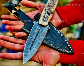 Custom Handmade Damascus Steel Utility Knife – White Bone Handle Engraved Design | Outdoor Camping Tool | Unique Gift for Him