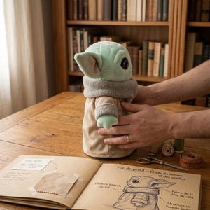 May include: A plush, light green character doll with large ears and a tan robe is held over an open book. The book features sketches and French text, including "Vue de profil" and "Couture lat&eacute;rale du col." Sewing supplies are visible on the wooden table.