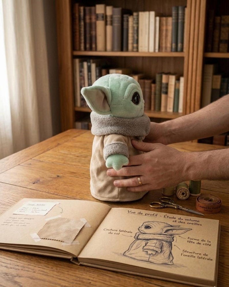 May include: A plush, light green character doll with large ears and a tan robe is held over an open book. The book features sketches and French text, including "Vue de profil" and "Couture lat&eacute;rale du col." Sewing supplies are visible on the wooden table.