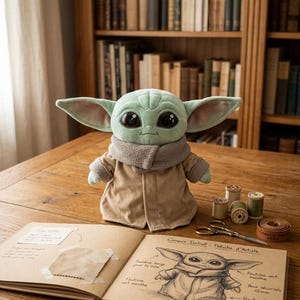 May include: A plush doll of a character with large ears and big eyes, wearing a tan coat and a gray scarf. The doll is on a wooden table next to a sketchbook with a drawing of the character and sewing supplies. The sketchbook has the text "Croquis Initial - Peluche d'Artiste".