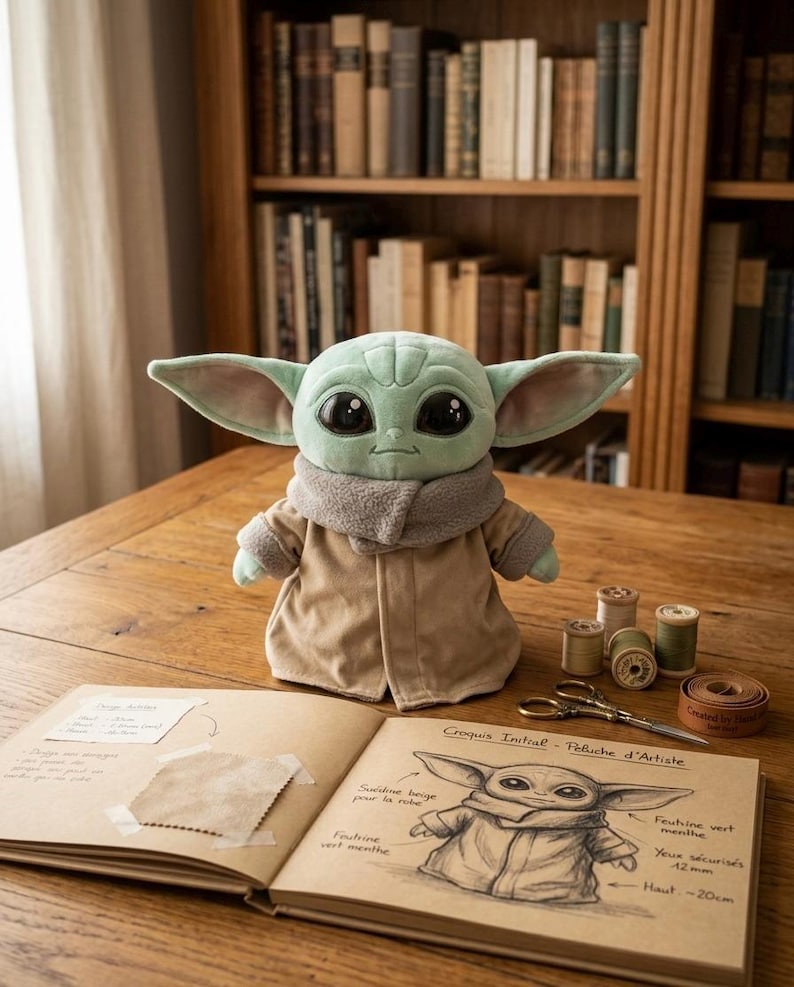 May include: A plush doll of a character with large ears and big eyes, wearing a tan coat and a gray scarf. The doll is on a wooden table next to a sketchbook with a drawing of the character and sewing supplies. The sketchbook has the text "Croquis Initial - Peluche d'Artiste".