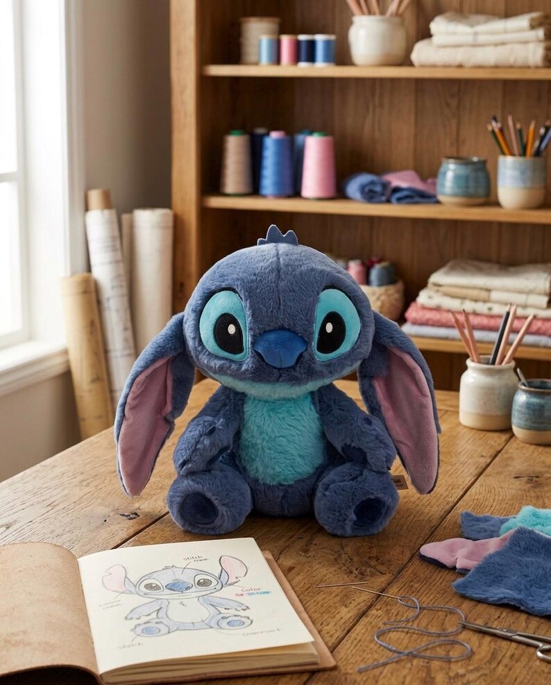 May include: A blue Stitch soft toy with big eyes and ears, placed on a wooden table. An open sketchbook with a Stitch drawing is in front of the toy. The background features sewing supplies and a wooden shelf.