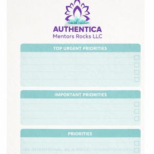 May include: A spiral-bound notepad with a white background. The notepad features sections for Top Urgent Priorities, Important Priorities, Priorities, and Notes. The top of the notepad has the text "BE INTENTIONAL. BE A ROCK. GROUND YOUR DAY."
