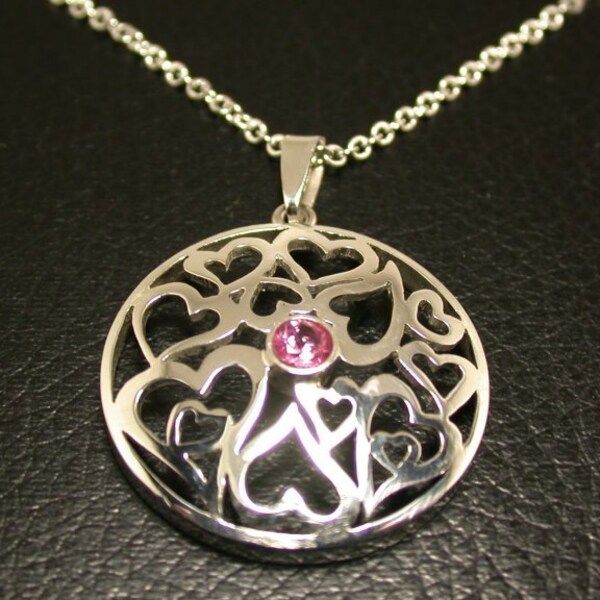 Pink Tourmaline Sterling Silver Necklace With Hearts- Silberkette Mit Anhänger & Rosa Turmalin