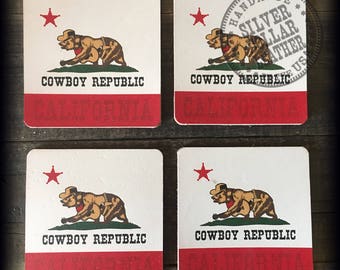 COWBOY REPUBLIC Printed Leather Coasters – Set of 4 – USA Made