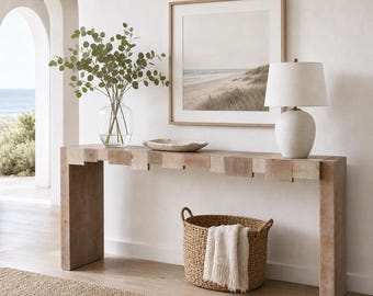 Japandi Sculpted Wood Console Table 71", Wabi Sabi Entryway Sofa Table