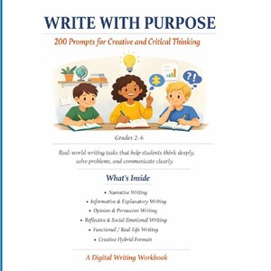 Puede incluir: Un cuaderno de escritura digital titulado "ESCRIBIR CON PROPÓSITO" con el subtítulo "200 indicaciones para el pensamiento creativo y crítico". La portada presenta ilustraciones de niños escribiendo. El cuaderno es para los grados 2-6.