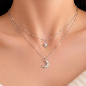 Collana a strati Luna e Stella – Collana celeste a doppia catena in argento, ciondolo a mezzaluna, collana Stella Polare, gioielli minimalisti a strati
