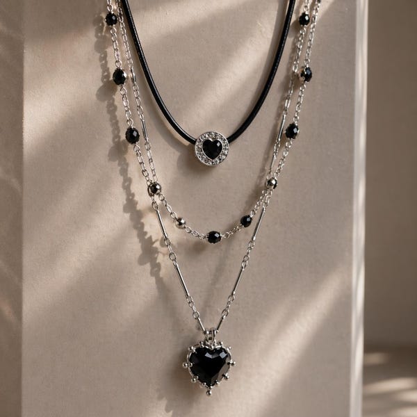 Layered Heart Necklace – gothic necklace, black heart necklace, layered necklace, chain necklace, dark aesthetic jewellery, pendant necklace