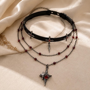 Gothic Layered Necklace, Red Crystal Necklace, Dark Academia Jewellery, Alternative Necklace, Vampire Aesthetic Jewellery, Grunge Necklace