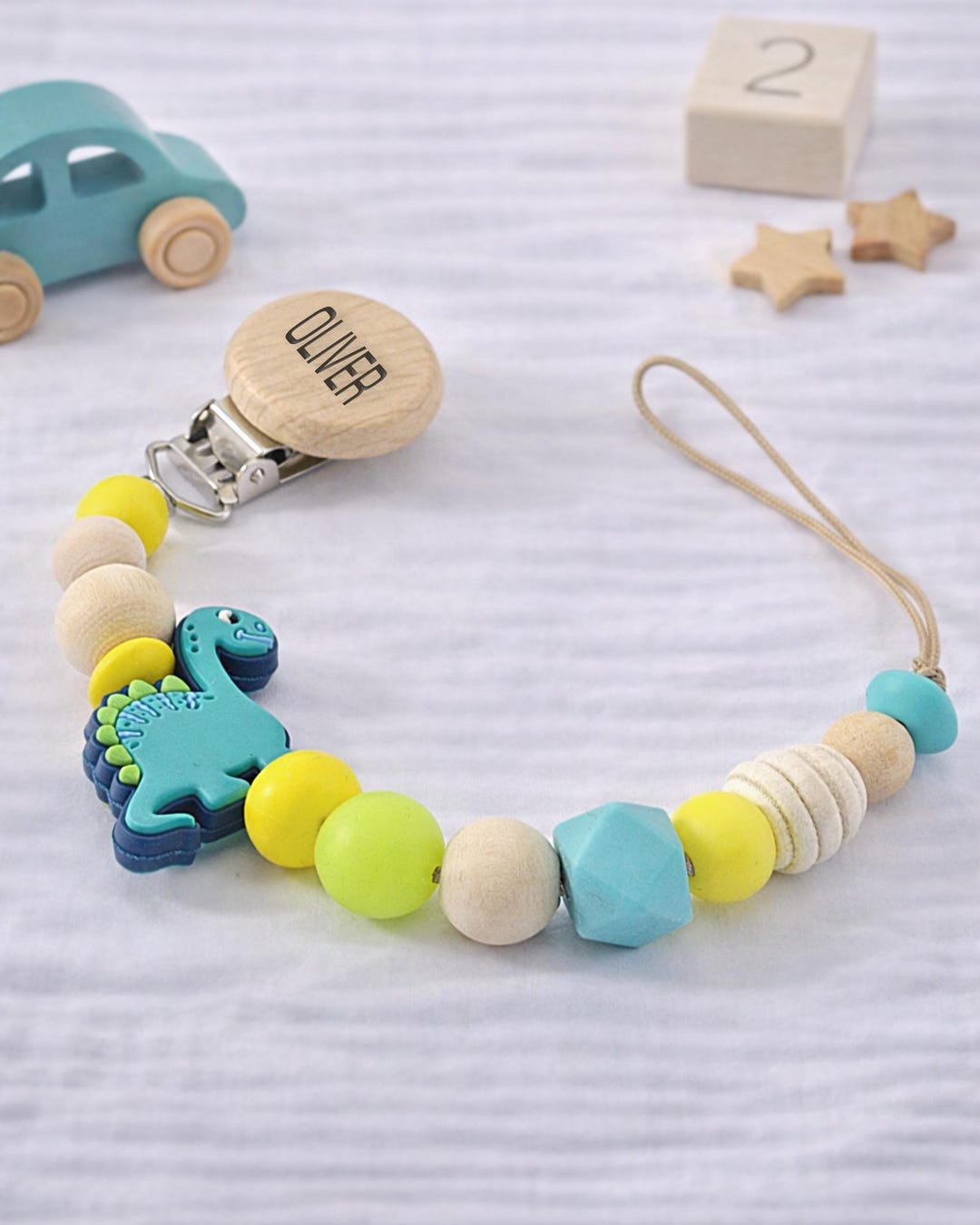Turquoise Pacifier Personalized Dinosaur Pacifier Clip - Turquoise & Yellow Baby Soother ...