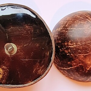 以下が含まれることがあります： 茶色のココナッツの殻の2つの半分。片方は金属製の継手があり、もう片方は透明で光沢のある内側です。殻は自然で質感のある外観で、木目が見え、濃く豊かな色をしています。